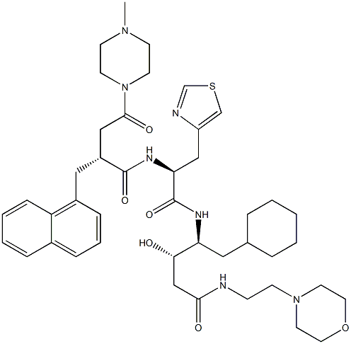 (3S,4S)-3-ヒドロキシ-5-シクロヘキシル-4-[[(2S)-3-(4-チアゾリル)-2-[[(2R)-2-[(4-メチル-1-ピペラジニル)カルボニルメチル]-3-(1-ナフタレニル)プロピオニル]アミノ]プロピオニル]アミノ]-N-(2-モルホリノエチル)バレルアミド 化学構造式