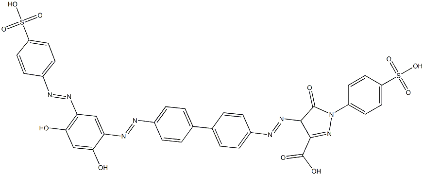 4-[[4'-[[2,4-ジヒドロキシ-5-[(4-スルホフェニル)アゾ]フェニル]アゾ][1,1'-ビフェニル]-4-イル]アゾ]-4,5-ジヒドロ-5-オキソ-1-(4-スルホフェニル)-1H-ピラゾール-3-カルボン酸 化学構造式