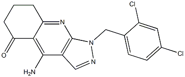 1-(2,4-ジクロロベンジル)-4-アミノ-1,6,7,8-テトラヒドロ-5H-ピラゾロ[3,4-b]キノリン-5-オン 化学構造式