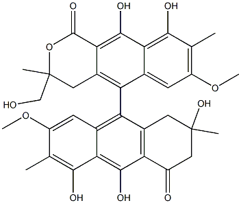 3,4-Dihydro-9,10-dihydroxy-3-hydroxymethyl-3,8-dimethyl-7-methoxy-5-[(1,2,3,4-tetrahydro-2,5,10-trihydroxy-2,6-dimethyl-7-methoxy-4-oxoanthracen)-9-yl]-1H-naphtho[2,3-c]pyran-1-one 结构式