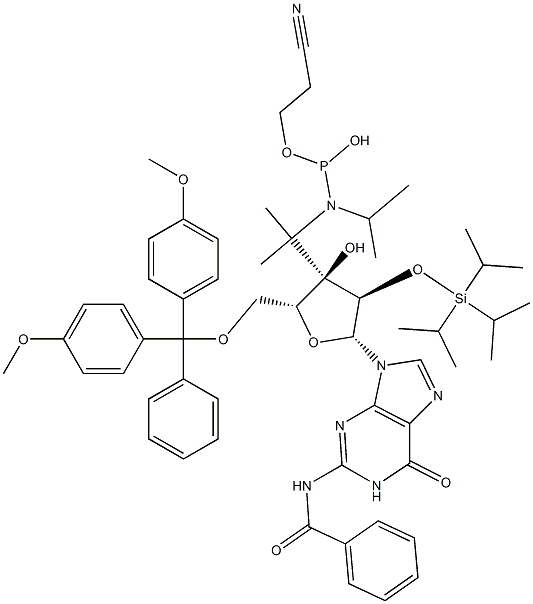 N-Benzoyl-5'-O-(4,4'-dimethoxytrityl)-2'-O-(triisopropylsilyl)guanosine 3'-[diisopropylaminophosphonous acid (2-cyanoethyl)] ester Structure