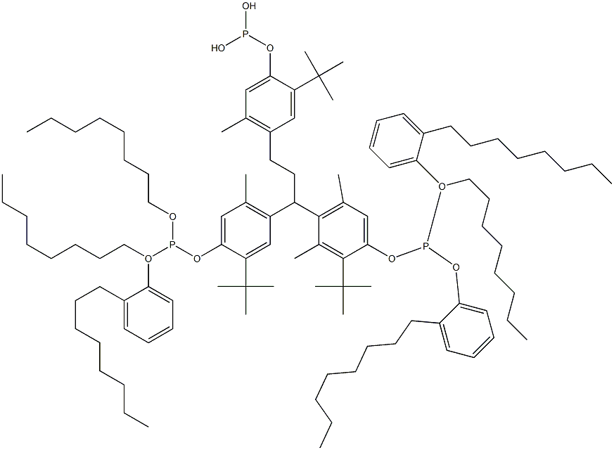 [3-Methyl-1,1,3-propanetriyltris(2-tert-butyl-5-methyl-4,1-phenyleneoxy)]tris(phosphonous acid)O,O',O''-trioctyl O,O',O''-tris(2-octylphenyl) ester,,结构式