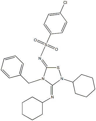 2-Cyclohexyl-3-cyclohexylimino-4-benzyl-5-(4-chlorophenyl)sulfonylimino-1,2,4-thiadiazolidine Structure