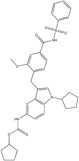 4-[5-(シクロペンチルオキシカルボニルアミノ)-1-シクロペンチル-1H-インドール-3-イルメチル]-3-メトキシ-N-(フェニルスルホニル)ベンズアミド 化学構造式