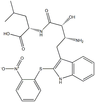 N-[(2R,3R)-3-アミノ-2-ヒドロキシ-4-[2-[(2-ニトロフェニル)チオ]-1H-インドール-3-イル]ブチリル]-L-ロイシン 化学構造式