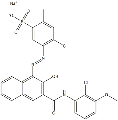 4-クロロ-2-メチル-5-[[3-[[(2-クロロ-3-メトキシフェニル)アミノ]カルボニル]-2-ヒドロキシ-1-ナフチル]アゾ]ベンゼンスルホン酸ナトリウム 化学構造式