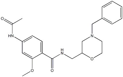 N-(4-ベンジルモルホリン-2-イルメチル)-4-アセチルアミノ-2-メトキシベンズアミド 化学構造式