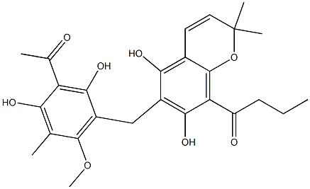 8-Butyryl-6-(3-acetyl-2,4-dihydroxy-5-methyl-6-methoxybenzyl)-2,2-dimethyl-2H-1-benzopyran-5,7-diol Structure