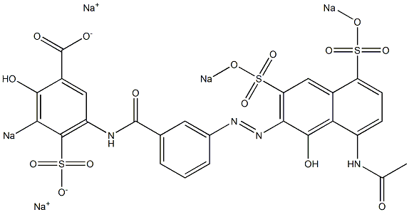 2-ヒドロキシ-3-ソジオスルホ-5-[3-[[8-アセチルアミノ-1-ヒドロキシ-3,5-ビス(ソジオスルホ)-2-ナフタレニル]アゾ]ベンゾイルアミノ]安息香酸ナトリウム 化学構造式