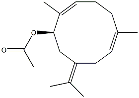 (1R,2E,6E)-2,6-ジメチル-9-(1-メチルエチリデン)-2,6-シクロデカジエン-1-オールアセタート 化学構造式