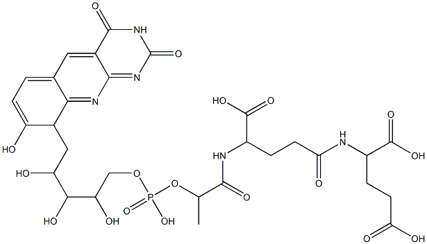 2-[[4-[[2-[[[[5-[(2,3,4,9-Tetrahydro-8-hydroxy-2,4-dioxopyrimido[4,5-b]quinolin)-9-yl]-2,3,4-trihydroxypentyl]oxy]hydroxyphosphinyl]oxy]-1-oxopropyl]amino]-4-carboxy-1-oxobutyl]amino]pentanedioic acid Struktur