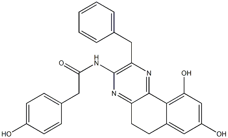 2-ベンジル-3-[1-オキソ-2-(4-ヒドロキシフェニル)エチルアミノ]-8,10-ジヒドロキシ-5,6-ジヒドロベンゾ[f]キノキサリン 化学構造式