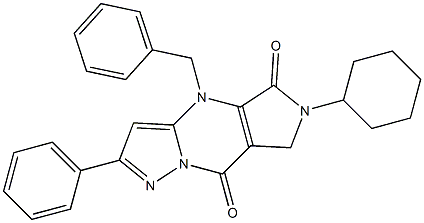 6-Cyclohexyl-6,7-dihydro-4-benzyl-2-phenyl-4H-1,4,6,8a-tetraaza-s-indacene-5,8-dione,,结构式