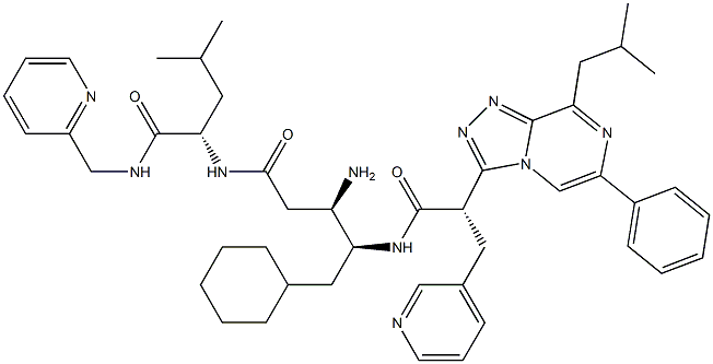 (2S)-2-[[(3R,4S)-3-Amino-5-cyclohexyl-4-[[(2S)-2-(8-isobutyl-6-phenyl-1,2,4-triazolo[4,3-a]pyrazin-3-yl)-3-(3-pyridinyl)propanoyl]amino]pentanoyl]amino]-4-methyl-N-(2-pyridinylmethyl)valeramide Struktur