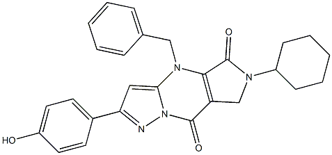 6-Cyclohexyl-6,7-dihydro-4-benzyl-2-(4-hydroxyphenyl)-4H-1,4,6,8a-tetraaza-s-indacene-5,8-dione 结构式