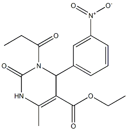 1,2,3,4-テトラヒドロ-6-メチル-2-オキソ-4-(3-ニトロフェニル)-3-プロピオニルピリミジン-5-カルボン酸エチル 化学構造式