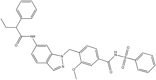 4-[6-(2-フェニルブチリルアミノ)-1H-インダゾール-1-イルメチル]-3-メトキシ-N-フェニルスルホニルベンズアミド 化学構造式