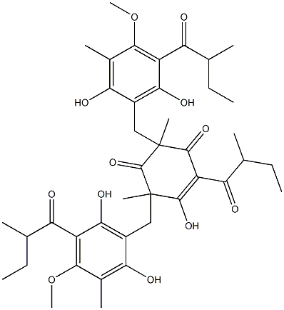 3,5-Bis[[2,6-dihydroxy-4-methoxy-3-methyl-5-(2-methylbutanoyl)phenyl]methyl]-2-hydroxy-3,5-dimethyl-1-(2-methylbutanoyl)-1-cyclohexene-4,6-dione,,结构式