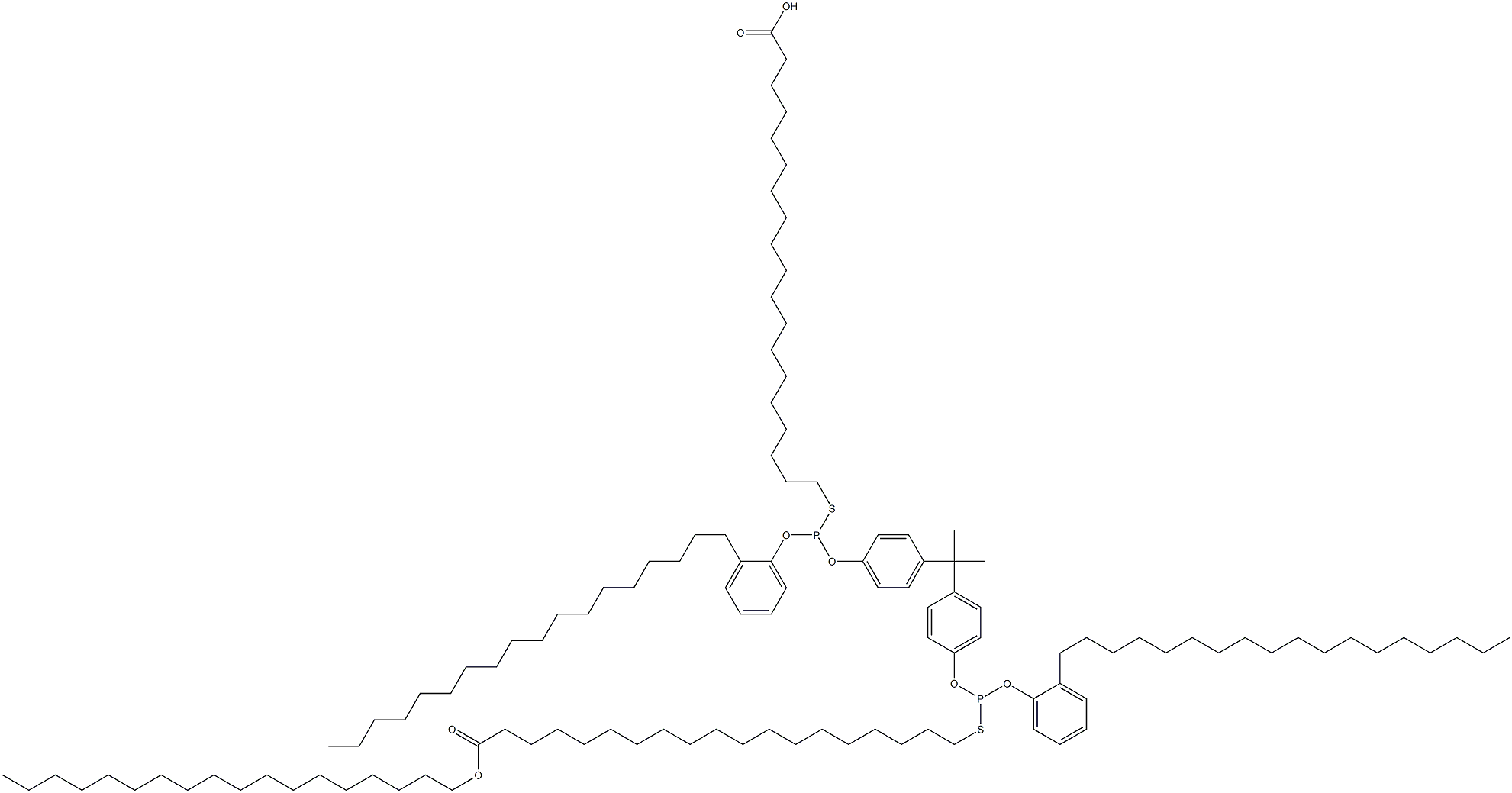 19,19'-[[イソプロピリデンビス(4,1-フェニレンオキシ)]ビス[[(2-オクタデシルフェニル)オキシ]ホスフィンジイルチオ]]ビス(ノナデカン酸オクタデシル) 化学構造式