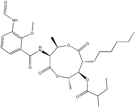 2-メチルブタン酸(3S,4R,7R,8R,9S)-3-[(3-ホルミルアミノ-2-メトキシベンゾイル)アミノ]-4,9-ジメチル-2,6-ジオキソ-7-ヘキシル-1,5-ジオキソナン-8-イル 化学構造式