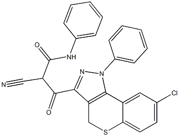 N-(フェニル)-3-[[8-クロロ-1-フェニル-1,4-ジヒドロ-[1]ベンゾチオピラノ[4,3-c]ピラゾール]-3-イル]-2-シアノ-3-オキソプロパンアミド 化学構造式