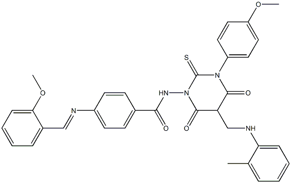 4-(2-Methoxybenzylideneamino)-N-[[hexahydro-4,6-dioxo-2-thioxo-3-(4-methoxyphenyl)-5-(2-methylphenylaminomethyl)pyrimidin]-1-yl]benzamide Structure