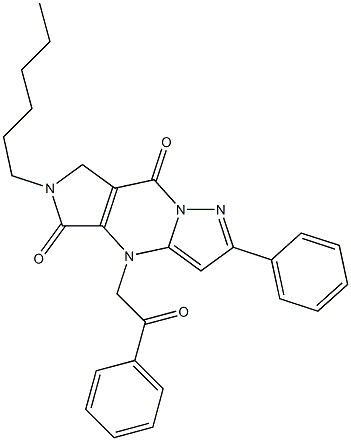 6,7-Dihydro-6-hexyl-4-(2-oxo-2-phenylethyl)-2-phenyl-4H-1,4,6,8a-tetraaza-s-indacene-5,8-dione,,结构式