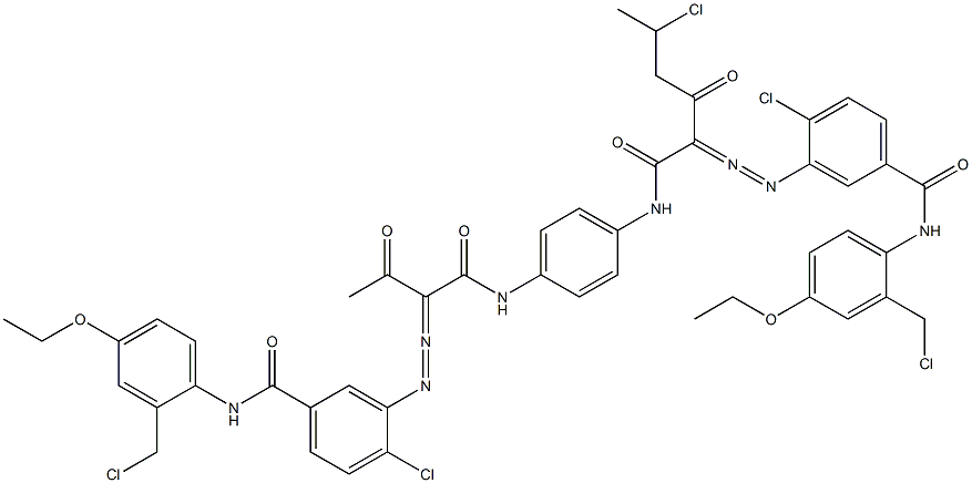 3,3'-[2-(1-Chloroethyl)-1,4-phenylenebis[iminocarbonyl(acetylmethylene)azo]]bis[N-[2-(chloromethyl)-4-ethoxyphenyl]-4-chlorobenzamide],,结构式