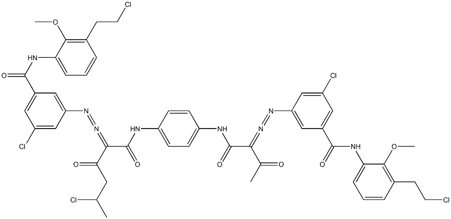 3,3'-[2-(1-Chloroethyl)-1,4-phenylenebis[iminocarbonyl(acetylmethylene)azo]]bis[N-[3-(2-chloroethyl)-2-methoxyphenyl]-5-chlorobenzamide],,结构式