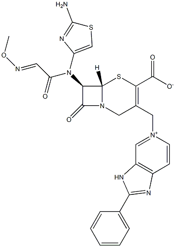 (7R)-7-[(2-アミノ-4-チアゾリル)(メトキシイミノ)アセチルアミノ]-3-[[2-フェニル-(3H-イミダゾ[4,5-c]ピリジン-5-イウム)-5-イル]メチル]セファム-3-エン-4-カルボン酸 化学構造式