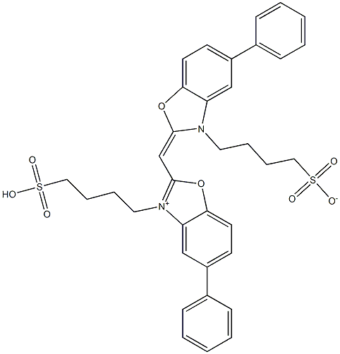 4-[[2-[[[5-Phenyl-3-(4-sulfonatobutyl)-2,3-dihydro-benzoxazol]-2-ylidene]methyl]-5-phenylbenzoxazol-3-ium]-3-yl]-1-butanesulfonic acid,,结构式
