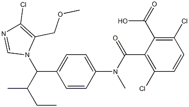 2-[N-[4-(2-ブチル-4-クロロ-5-メトキシメチル-1H-イミダゾール-1-イルメチル)フェニル]-N-メチルアミノカルボニル]-3,6-ジクロロ安息香酸 化学構造式