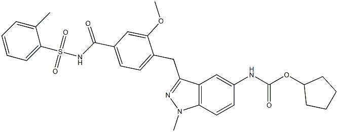 4-[5-(Cyclopentyloxycarbonylamino)-1-methyl-1H-indazol-3-ylmethyl]-3-methoxy-N-(2-methylphenylsulfonyl)benzamide Struktur