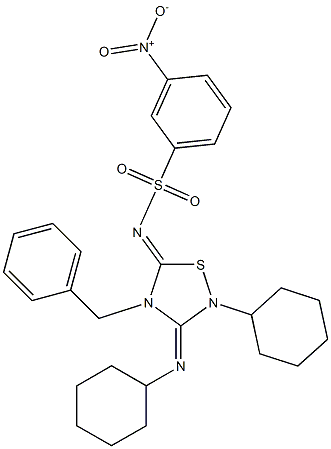 2-Cyclohexyl-3-cyclohexylimino-4-benzyl-5-(3-nitrophenyl)sulfonylimino-1,2,4-thiadiazolidine Struktur