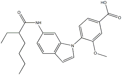 4-[6-(2-エチルヘキサノイルアミノ)-1H-インドール-1-イル]-3-メトキシ安息香酸 化学構造式