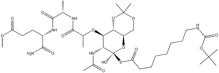 (4S)-4-[[N-[N-Acetyl-1-[[8-[[(tert-butoxy)carbonyl]amino]octanoyl]thio]-4-O,6-O-isopropylidenemuramoyl]-L-alanyl]amino]-5-amino-5-oxopentanoic acid methyl ester Struktur