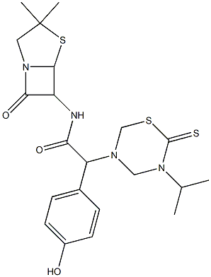 7-Oxo-3,3-dimethyl-6-[[[(tetrahydro-2-thioxo-3-isopropyl-2H-1,3,5-thiadiazin)-5-yl](4-hydroxyphenyl)acetyl]amino]-4-thia-1-azabicyclo[3.2.0]heptane Struktur