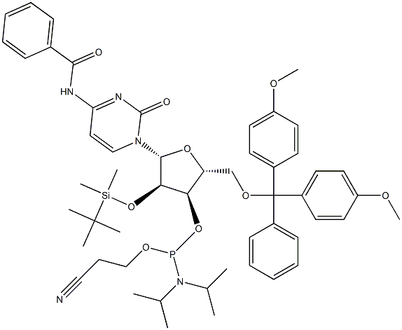 N-Benzoyl-2'-O-(tert-butyldimethylsilyl)-3'-O-[(diisopropylamino)(2-cyanoethoxy)phosphino]-5'-O-(4,4'-dimethoxytrityl)cytidine Structure