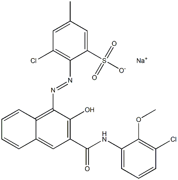 3-クロロ-5-メチル-2-[[3-[[(3-クロロ-2-メトキシフェニル)アミノ]カルボニル]-2-ヒドロキシ-1-ナフチル]アゾ]ベンゼンスルホン酸ナトリウム 化学構造式