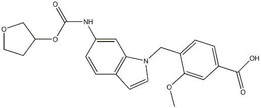 4-[6-[(テトラヒドロフラン)-3-イルオキシカルボニルアミノ]-1H-インドール-1-イルメチル]-3-メトキシ安息香酸 化学構造式