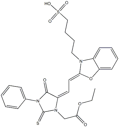 4-オキソ-3-フェニル-5-[2-[3-[4-(ヒドロキシスルホニル)ブチル]ベンゾオキサゾール-2(3H)-イリデン]エチリデン]-2-チオキソ-1-イミダゾリジン酢酸エチル 化学構造式