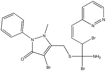 3-((1-Amino-2,3-diaza-4-phenylbuta-1,3-dienylthio)methyl)-4-bromo-2-methyl-1-phenyl-3-pyrazolin-5-one, bromide 结构式