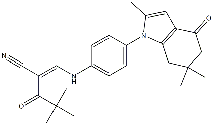 2-(2,2-Dimethylpropanoyl)-3-((4-(2,6,6-trimethyl-4-oxo(5,6,7-trihydroindolyl))phenyl)amino)prop-2-enenitrile Struktur