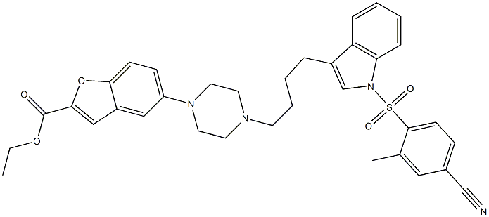 5-[4-[4-(5-氰基-1-甲苯磺酰-1H-吲哚-3-基)丁基]-1-哌嗪基]苯并呋喃-2-羧酸乙酯,,结构式