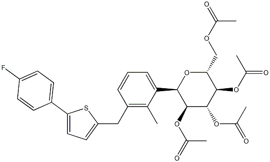 (2R,3R,4R,5S,6R)-2-(acetoxymethyl)-6-(3-((5-(4-fluorophenyl)thiophen-2-yl)methyl)-2-methylphenyl)tetrahydro-2H-pyran-3,4,5-triyl triacetate Struktur