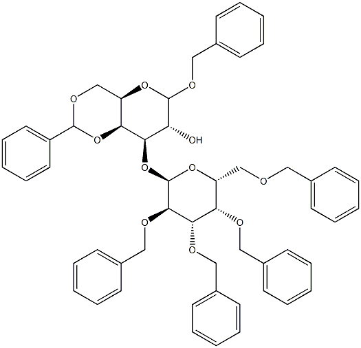 苄基3-O-(2,3,4,6-四-O-苄基-Α-D-吡喃半乳糖基)-4,6-O-亚苄基-D-吡喃半乳糖, , 结构式