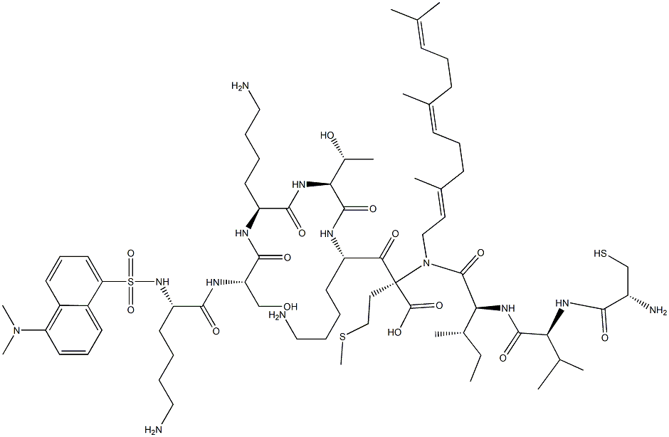 dansyl-lysyl-seryl-lysyl-threonyl-lysyl-(S-farnesyl)cysteinyl-valyl-isoleucyl-methionine Structure