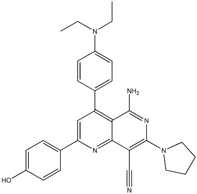 5-アミノ-4-[4-(ジエチルアミノ)フェニル]-2-(4-ヒドロキシフェニル)-7-(1-ピロリジニル)-1,6-ナフチリジン-8-カルボニトリル 化学構造式