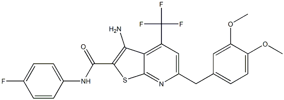 3-amino-6-(3,4-dimethoxybenzyl)-N-(4-fluorophenyl)-4-(trifluoromethyl)thieno[2,3-b]pyridine-2-carboxamide 化学構造式