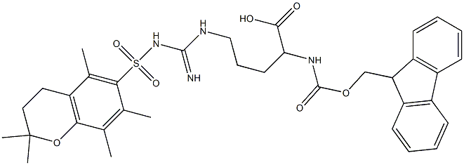 2-{[(9H-fluoren-9-ylmethoxy)carbonyl]amino}-5-[(imino{[(2,2,5,7,8-pentamethyl-3,4-dihydro-2H-chromen-6-yl)sulfonyl]amino}methyl)amino]pentanoic acid,,结构式
